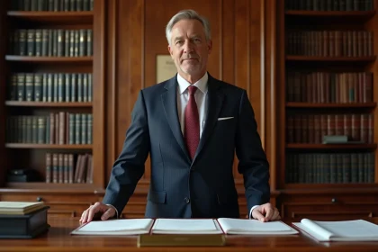 Commissaire de justice en costume sombre dans un bureau juridique classique avec des étagères de livres de droit