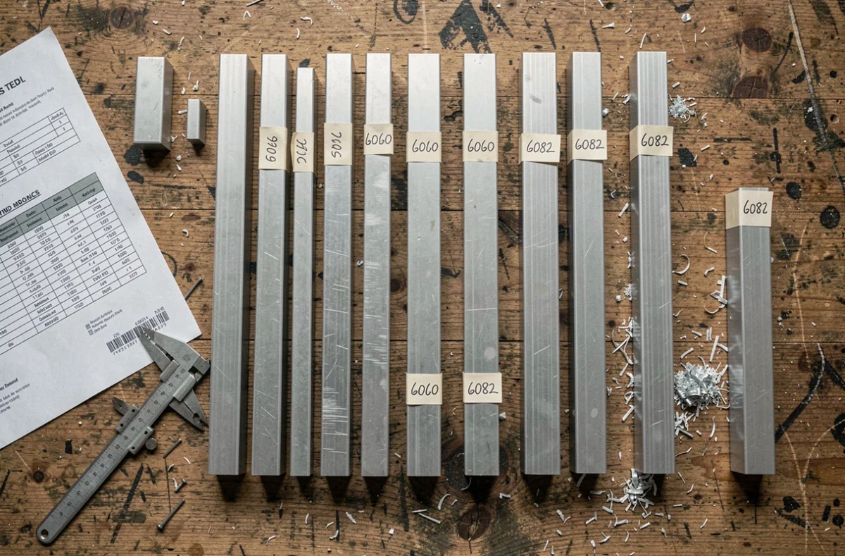 Vue à plat de tubes rectangulaires en aluminium de différentes longueurs et alliages sur une table d'atelier en bois avec étiquettes techniques et pied à coulisse