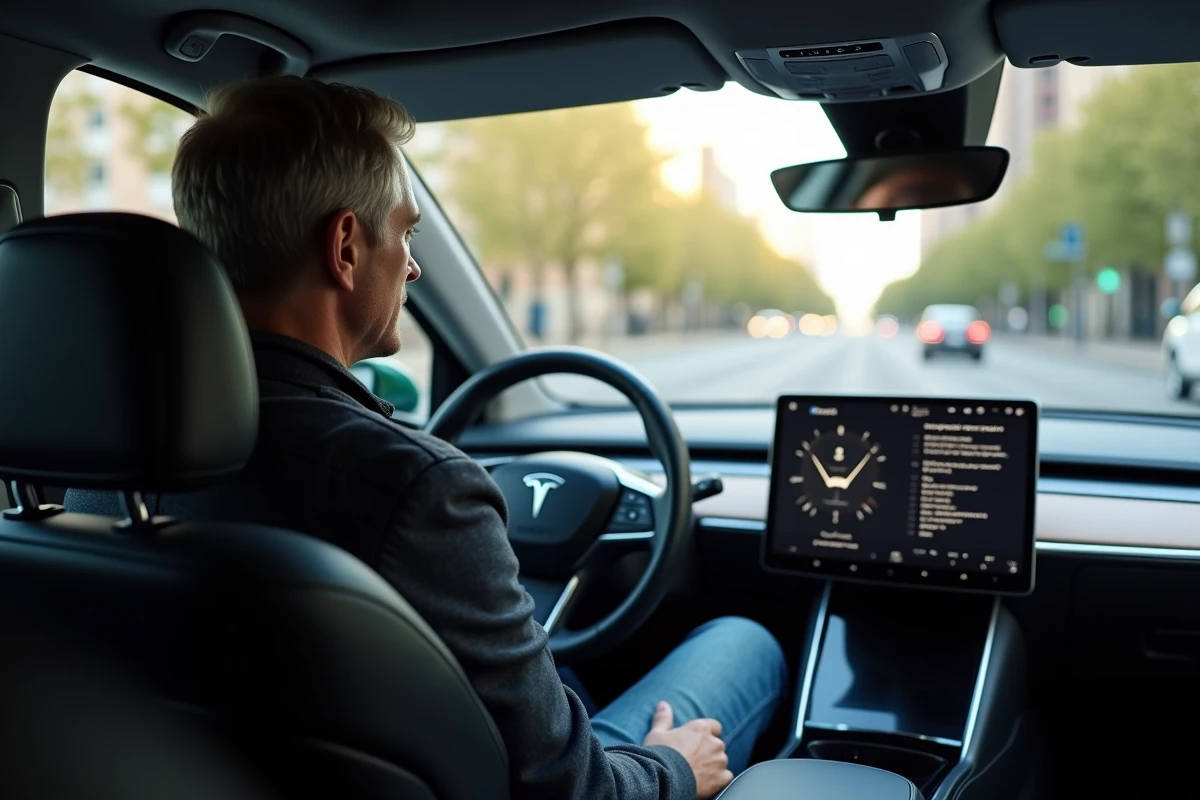 Homme dans sa quarantaine conduisant une voiture autonome moderne