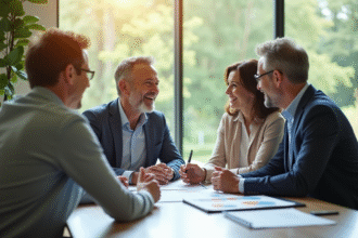Conseiller financier souriant avec un couple dans un bureau lumineux