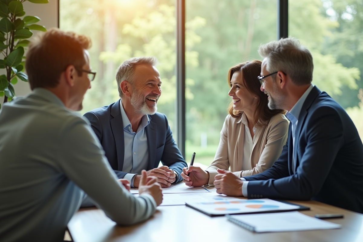 Conseiller financier souriant avec un couple dans un bureau lumineux
