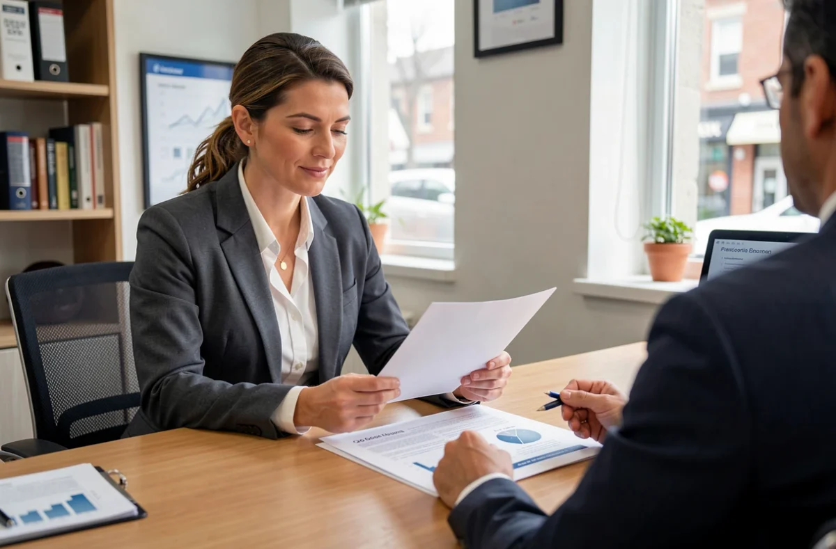 Conseiller financier présentant un document à un client en agence