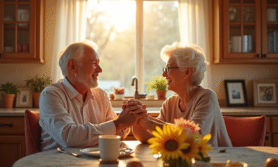 Couple âgé souriant main dans la main à la cuisine
