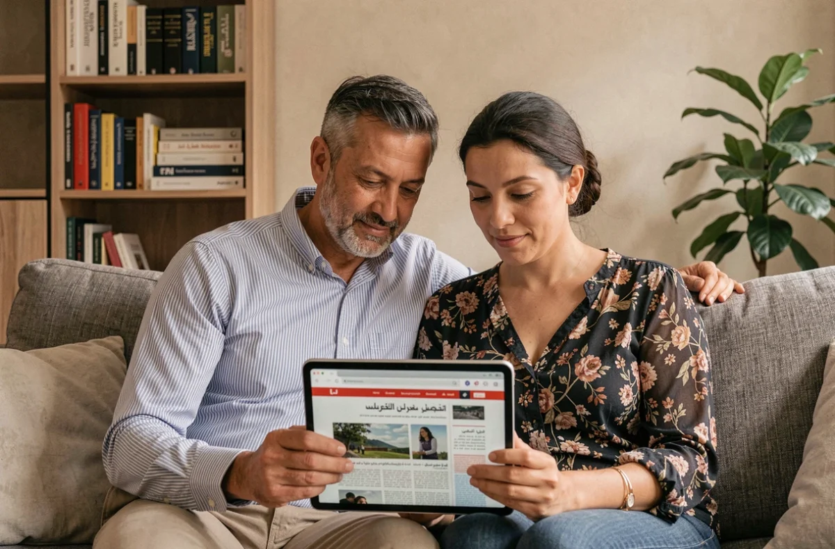 Un couple algérien en France consulte ensemble le site Echorouk en ligne sur une tablette dans leur salon