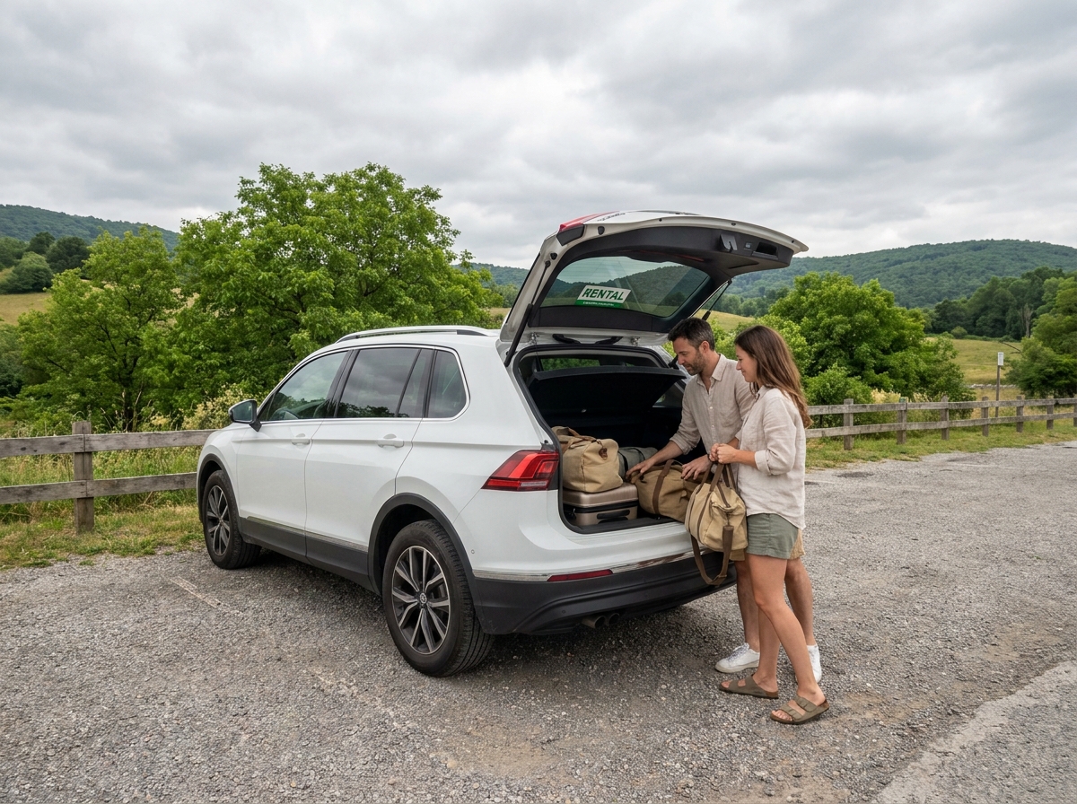 Couple chargeant des bagages dans le coffre d'un SUV automatique de location lors d'un voyage en week-end