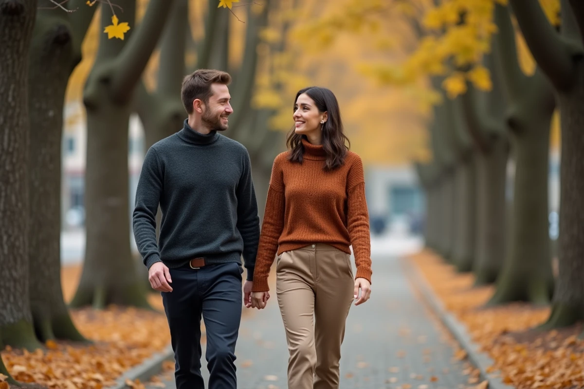 Couple complice se promenant dans une allée d'automne, connexion intellectuelle et respect mutuel caractéristiques du signe Vierge