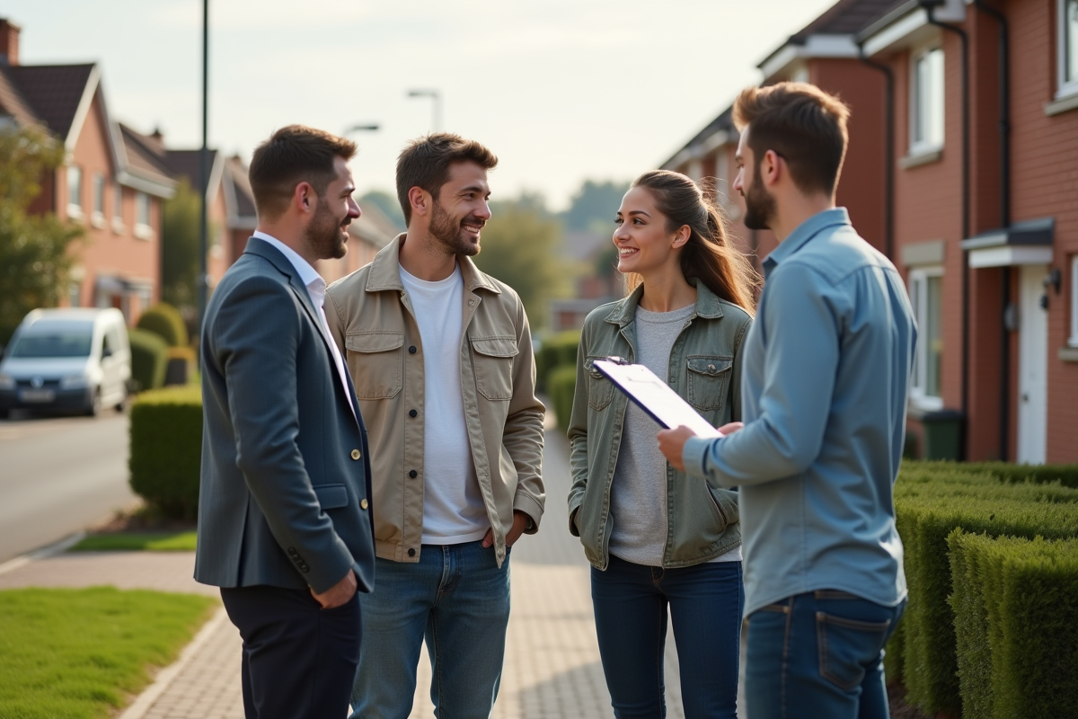 Jeune couple discutant avec un agent immobilier devant une maison