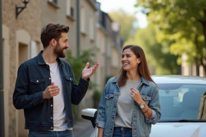Jeune couple français devant une voiture en ville