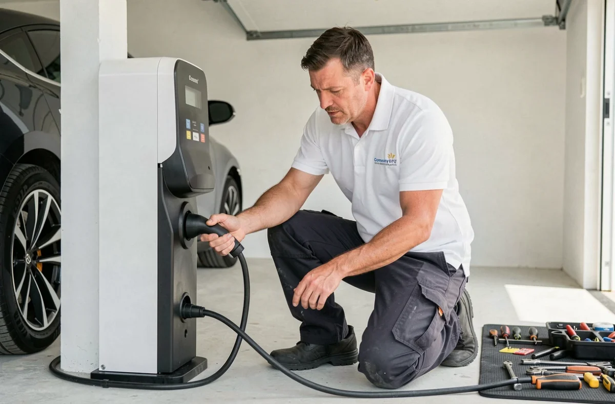 Électricien CT BORNE installant une borne de recharge pour véhicule électrique dans un garage dans la Loire