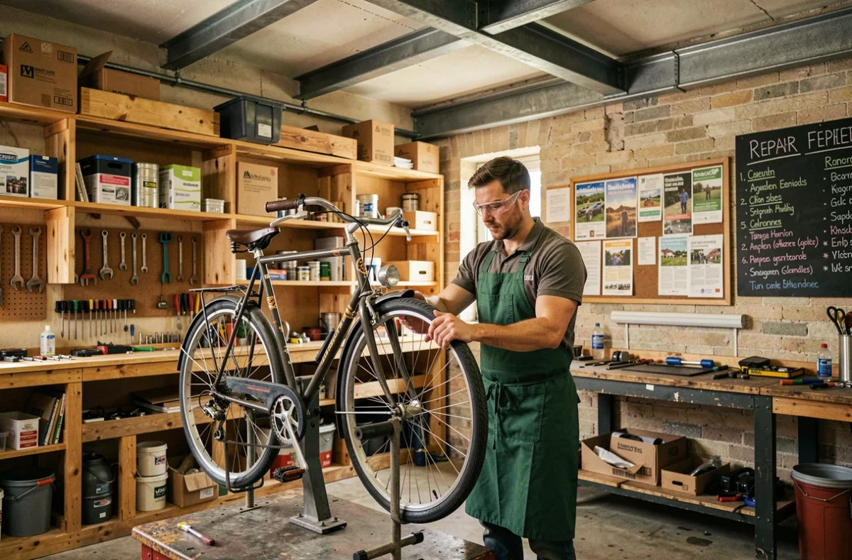 Mécanicien de Cycl'Up à Ivry-sur-Seine gonflant un pneu de vélo dans un atelier associatif