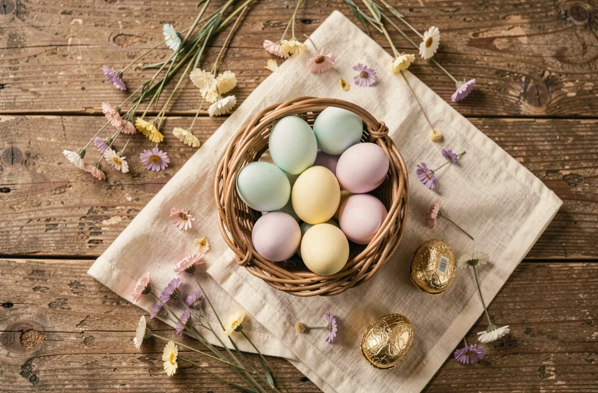 Composition de Pâques avec panier en osier, œufs pastel et chocolats sur une table en bois rustique