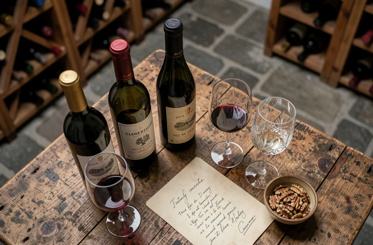 Dégustation de vins prestigieux sur une table en bois dans une cave parisienne avec notes de dégustation manuscrites