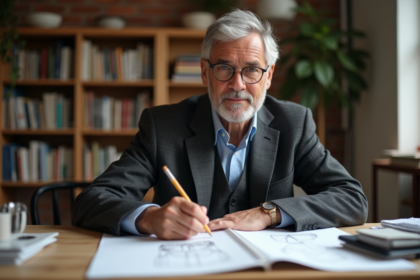 Designer mature en studio avec croquis et tissus