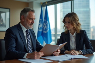 Diplomate homme en costume expliquant un document en réunion