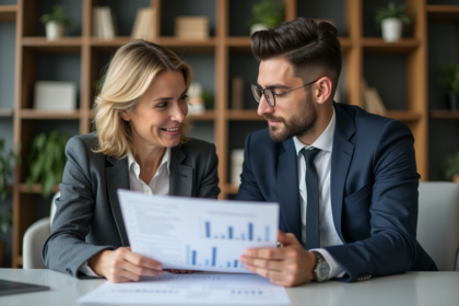 Femme d'âge moyen et jeune homme en réunion d'affaires