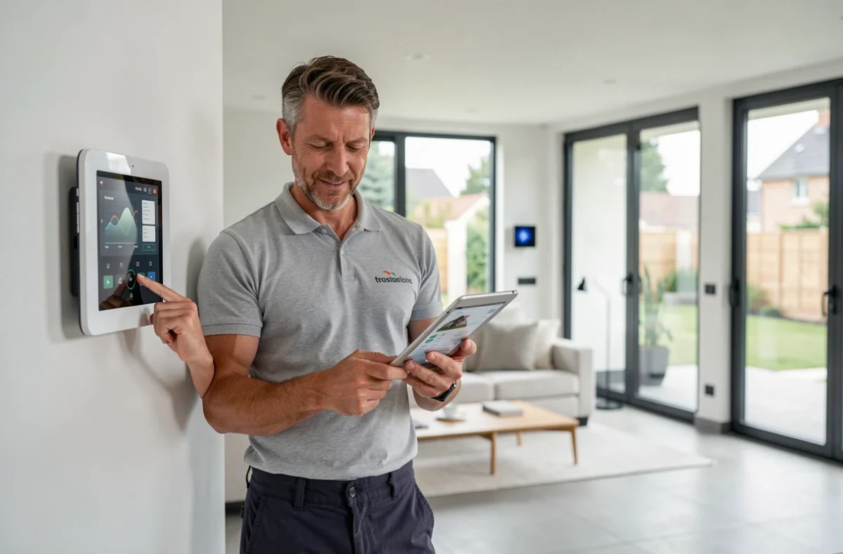 Électricien DOMO ELEC programmant un panneau domotique dans une maison connectée dans la Loire