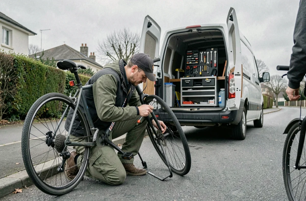 Réparateur de vélos mobile Don Guy intervenant à domicile dans une rue du Val-de-Marne