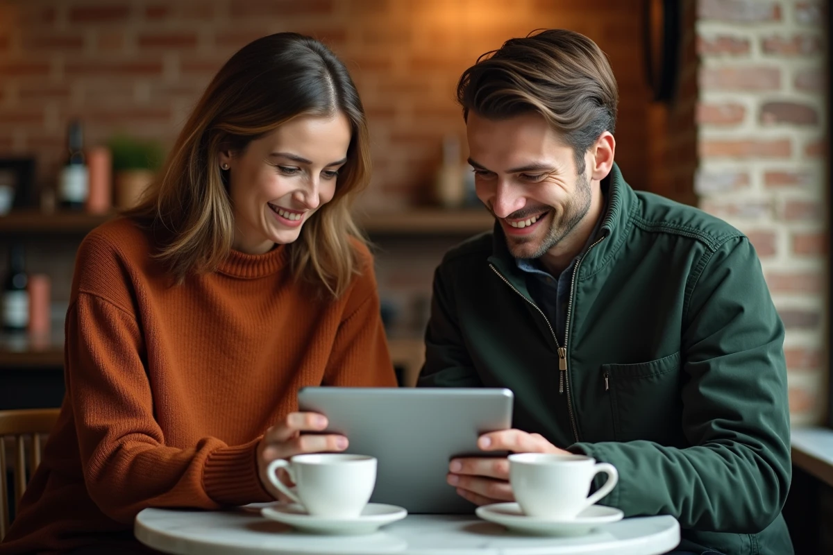 Deux personnes examinant un billet de concert numérique sur une tablette dans un café pour comprendre les nouvelles règles de vente 2026