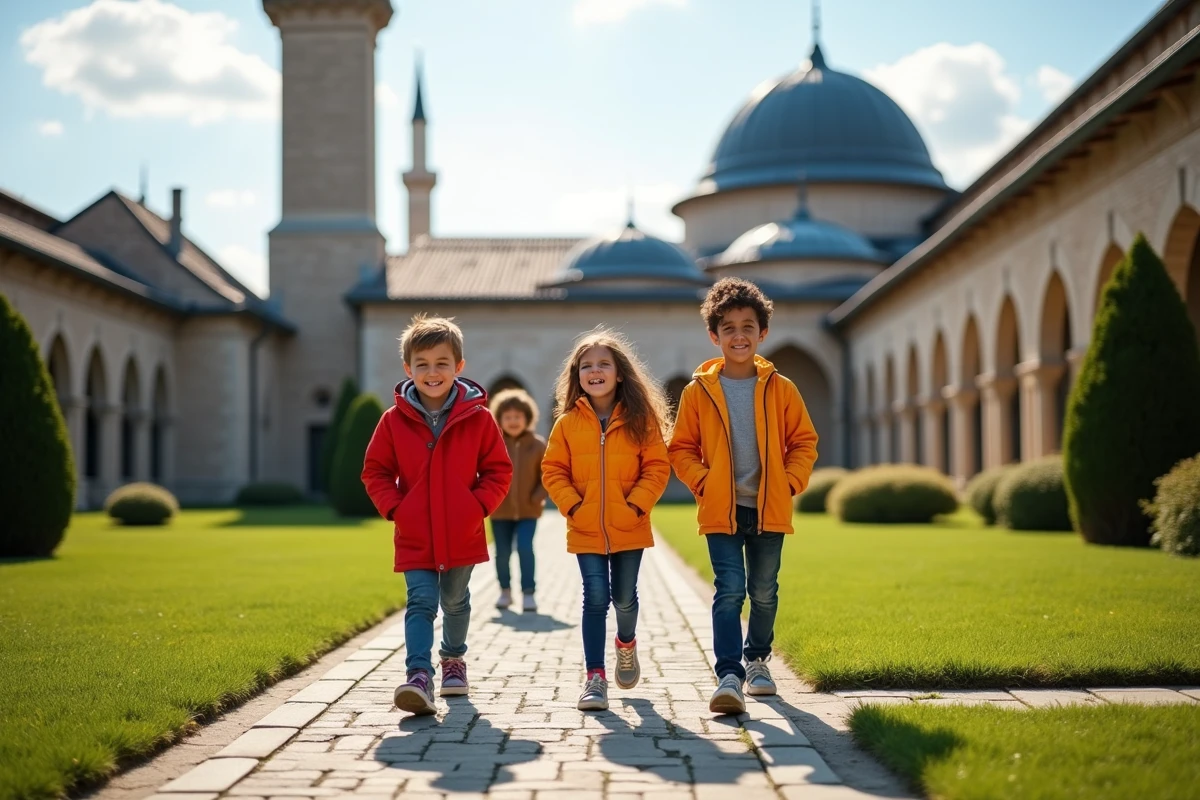 Enfants souriants dans la cour de la mosquee de Strasbourg