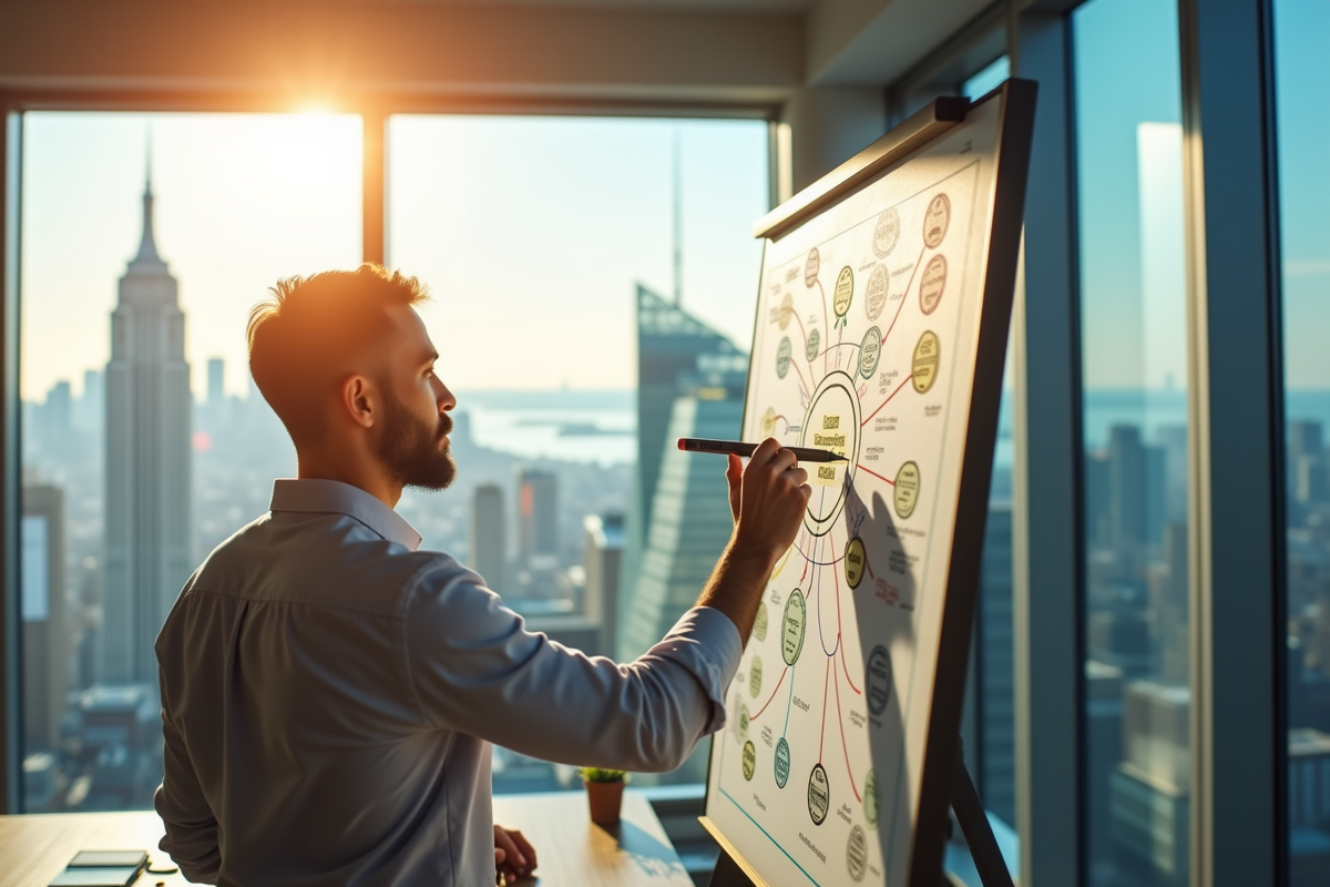 Entrepreneur dessinant une carte mentale dans un espace lumineux