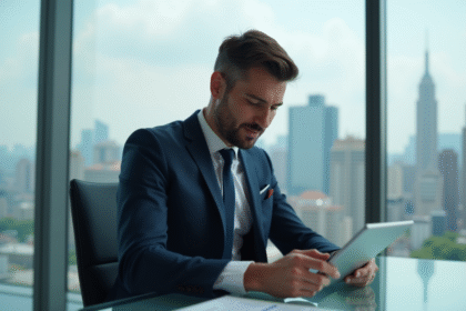 Homme d'affaires en costume navy dans un bureau moderne