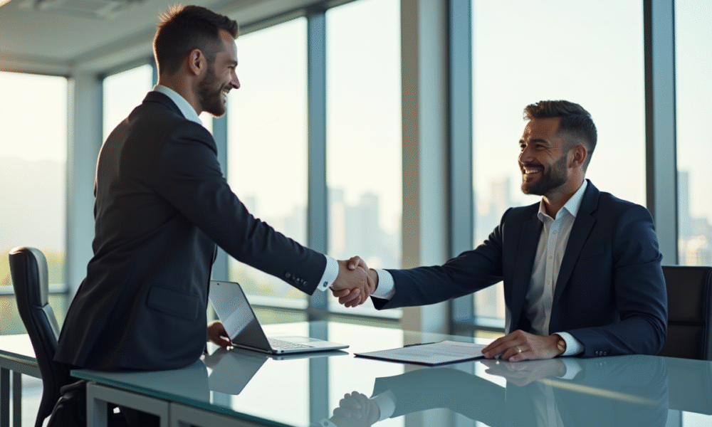 Entrepreneur confiant serrant la main d'un investisseur dans un bureau moderne