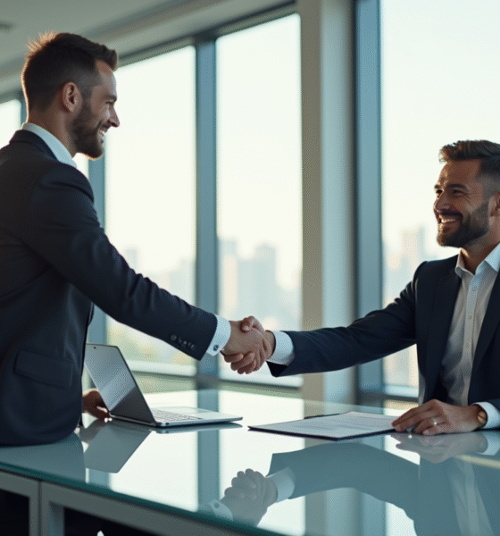 Entrepreneur confiant serrant la main d'un investisseur dans un bureau moderne