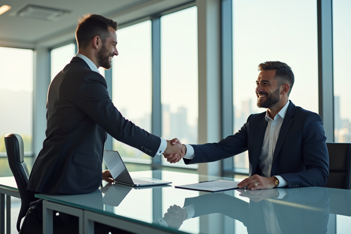 Entrepreneur confiant serrant la main d'un investisseur dans un bureau moderne