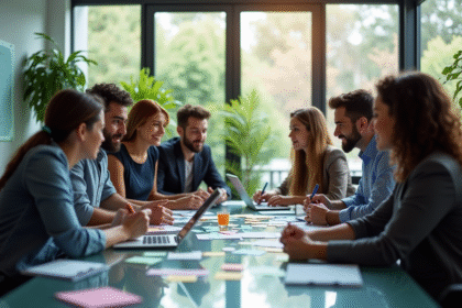 Equipe diversifiee en brainstorming dans un bureau moderne