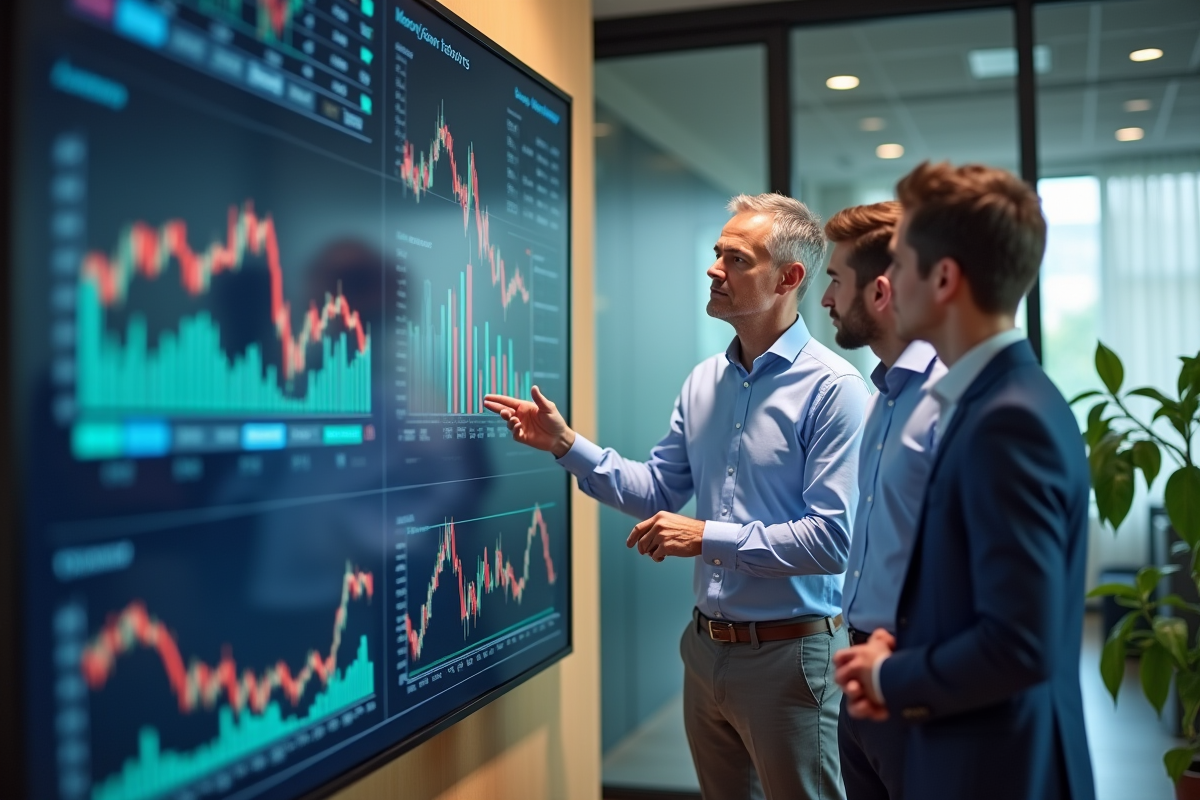 Groupe de collègues discutant stratégie financière