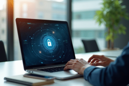 Espace de travail professionnel avec un ordinateur portable affichant un cadenas numérique