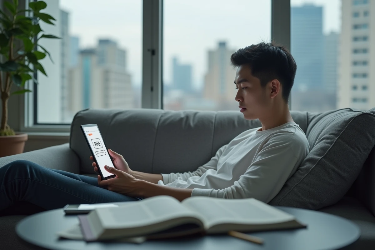 Étudiant utilisant une tablette pour lire des mangas en ligne avec connexion VPN dans un appartement moderne en ville