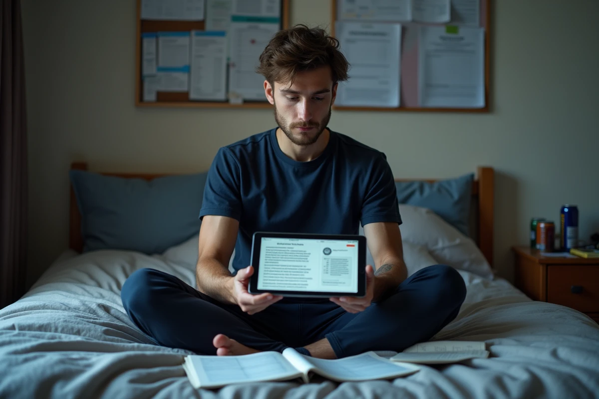 Étudiant révisant avec Wikipédia et une application de quiz sur tablette dans sa chambre universitaire