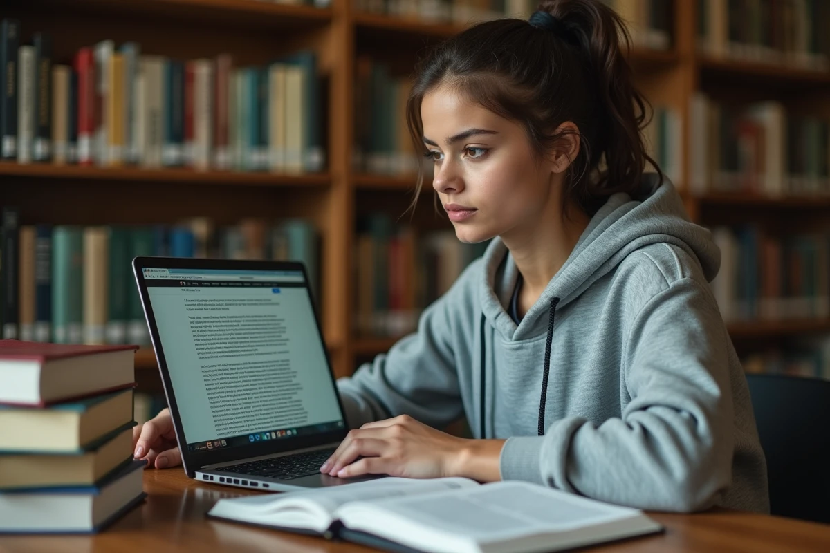 Étudiante consultant Wikipédia sur un ordinateur portable dans une bibliothèque universitaire pour préparer ses examens