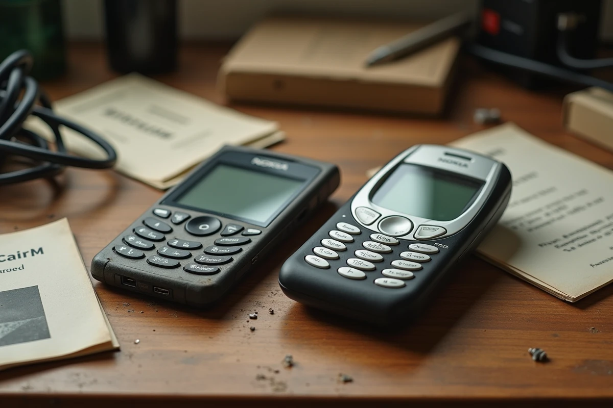 Comparaison entre un téléphone portable des années 90 et un smartphone moderne 2026 posés sur un établi en bois