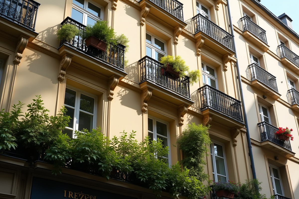 Façade d un immeuble parisien avec balcons et verdure