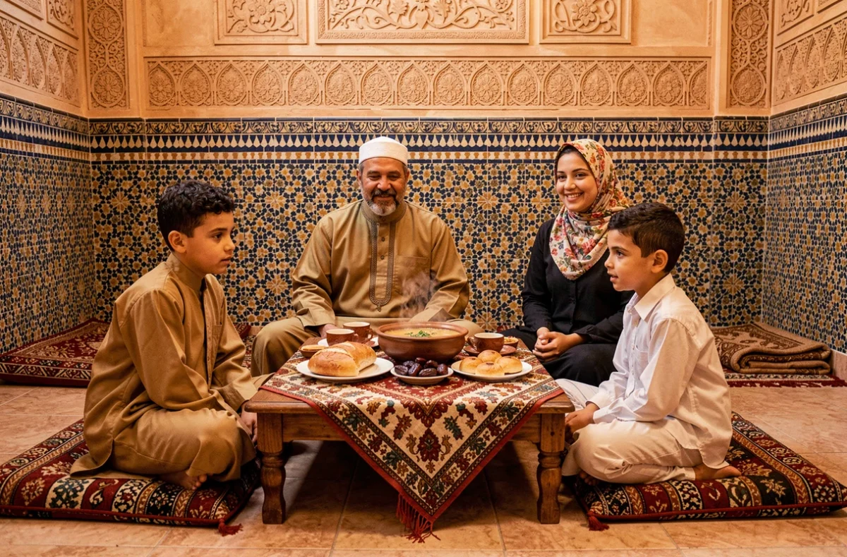 Famille réunie autour d'une table d'iftar dans un salon marocain traditionnel, avant la prière du Maghreb