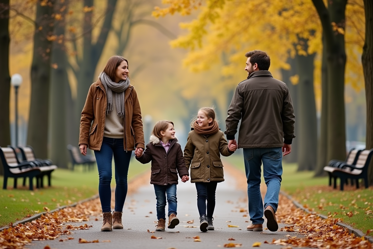 Famille marchant dans un parc en automne