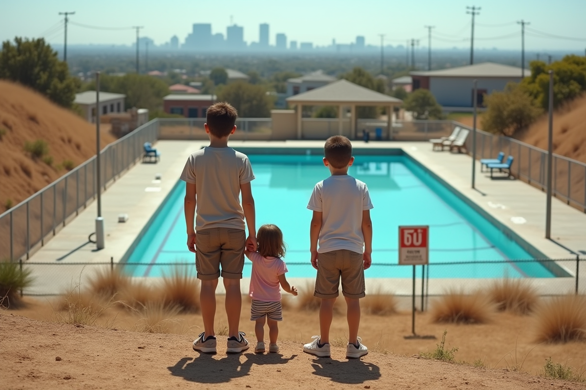 Famille regardant la piscine publique en ville