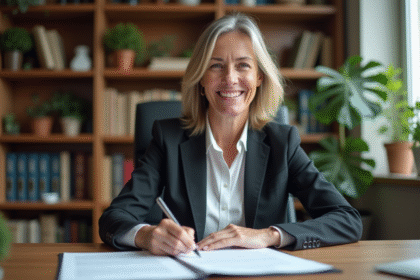 Femme d'affaires souriante dans un bureau moderne