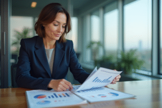 Femme d'affaires analysant des rapports financiers dans un bureau moderne