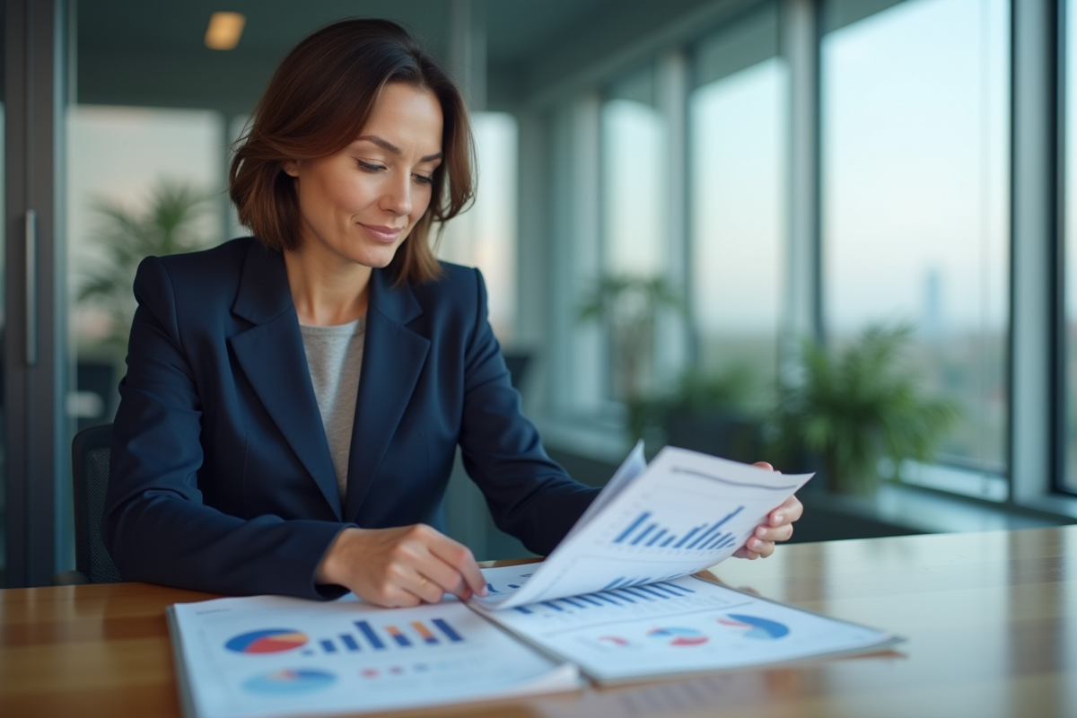 Femme d'affaires analysant des rapports financiers dans un bureau moderne