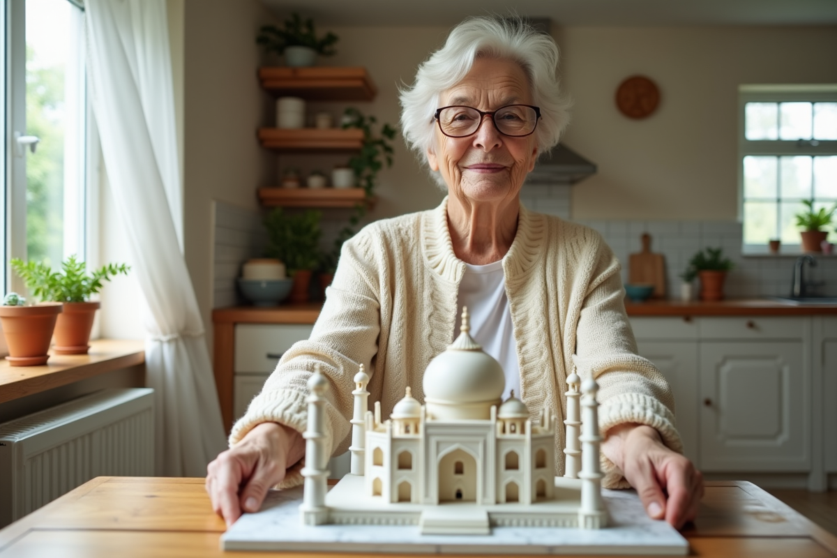 Femme âgée montre puzzle Taj Mahal dans la cuisine