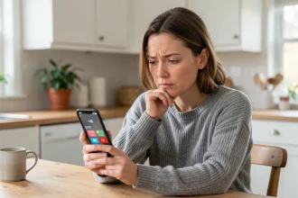 Femme hésitante regardant un appel entrant avec l'indicatif international +44 sur son smartphone dans une cuisine