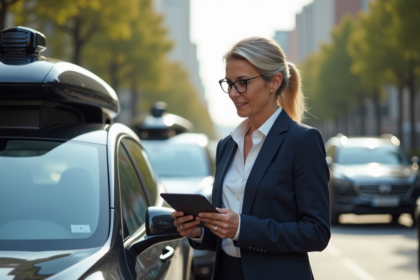 Femme d'affaires avec voiture autonome en ville
