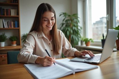 Jeune femme vérifiant son budget dans un appartement lumineux