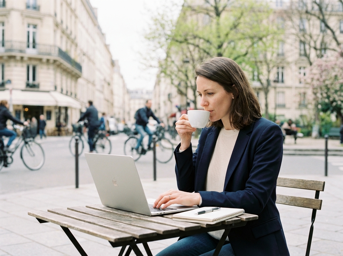 Femme travaillant au café parisien en terrasse