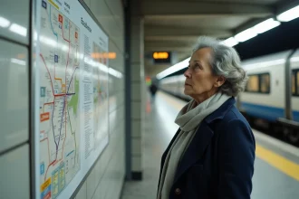 Femme consultant la nouvelle carte RER Île-de-France 2026 affichée sur un quai de gare parisienne