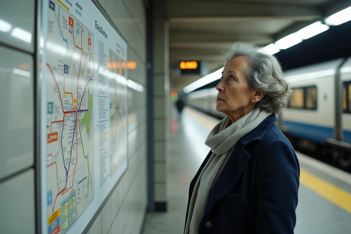 Femme consultant la nouvelle carte RER Île-de-France 2026 affichée sur un quai de gare parisienne