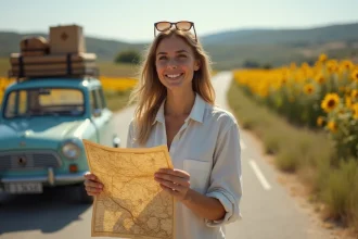 Femme consultant une carte routière papier appuyée sur une voiture vintage chargée de bagages sur une route de campagne provençale, préparant un road trip pour les fêtes de village en France